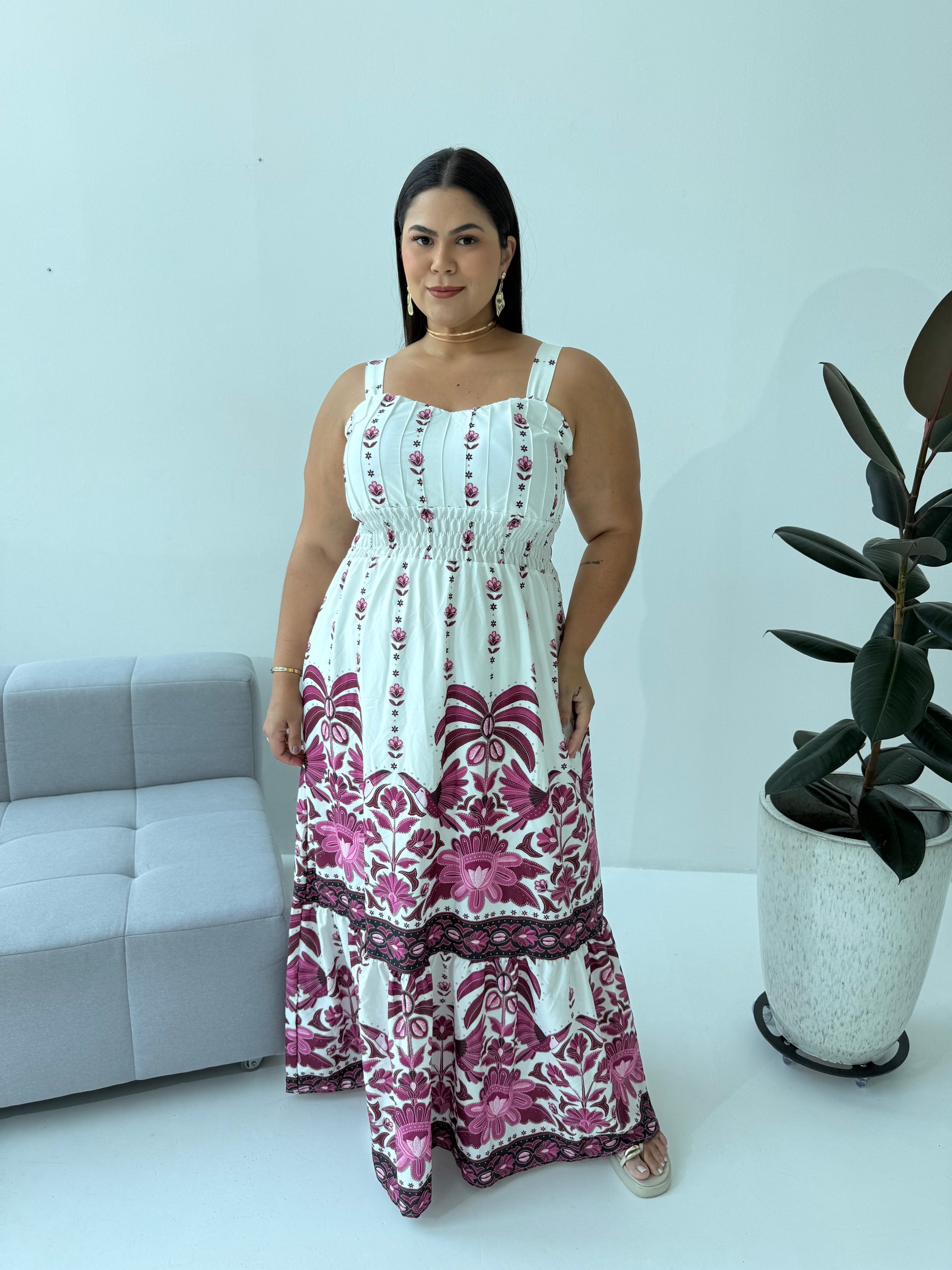 Vestido Feminino Crepe de Seda Rosa com Elástico nas Costas – Tayla Sandra Fashion