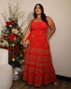 Vestido Anastácia Vermelho com Bordado Dourado - Caimento perfeito que cria um balanço delicado