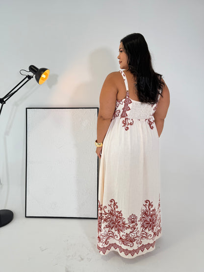 Vestido Cintia Off-White e Marrom - O Encanto que Flui como o Vento