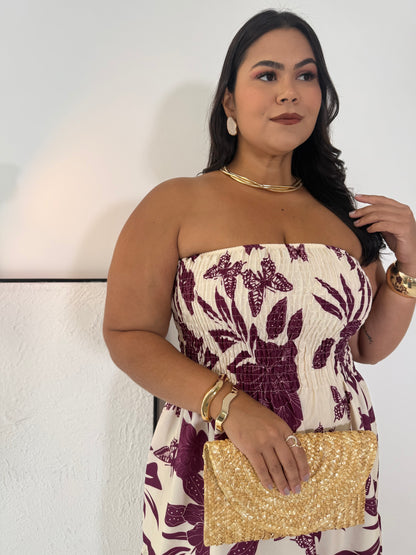 Vestido Helena Roxo Majestade - A Elegância Tropical com Ajuste Perfeito