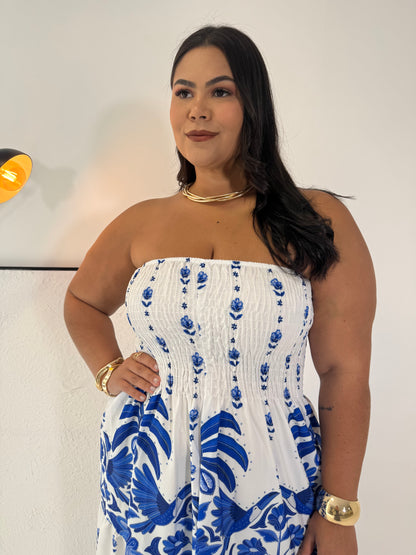 Vestido Helena Azul Majestade - A Elegância Tropical com Ajuste Perfeito