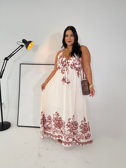 Vestido Cintia Off-White e Marrom - O Encanto que Flui como o Vento