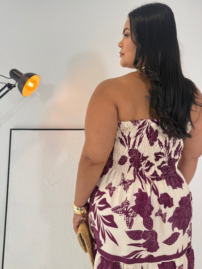 Vestido Helena Roxo Majestade - A Elegância Tropical com Ajuste Perfeito