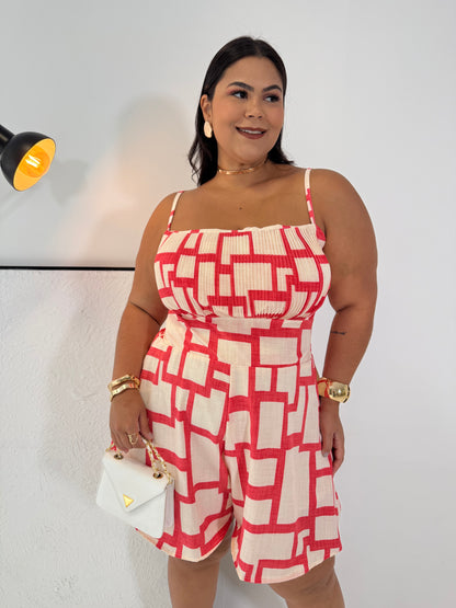 Macaquinho de Crepe Geométrico Carol - Elegância Plissada que Não Marca e Não Amassa