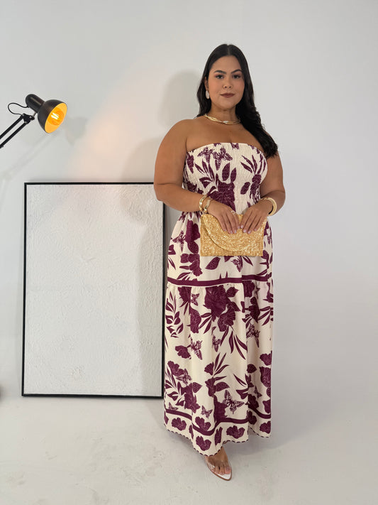 Vestido Helena Roxo Majestade - A Elegância Tropical com Ajuste Perfeito