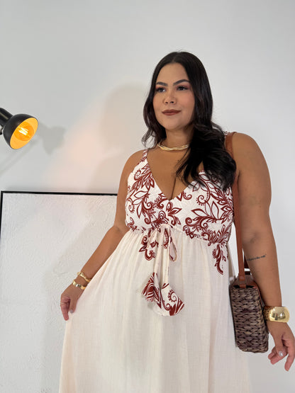 Vestido Cintia Off-White e Marrom - O Encanto que Flui como o Vento