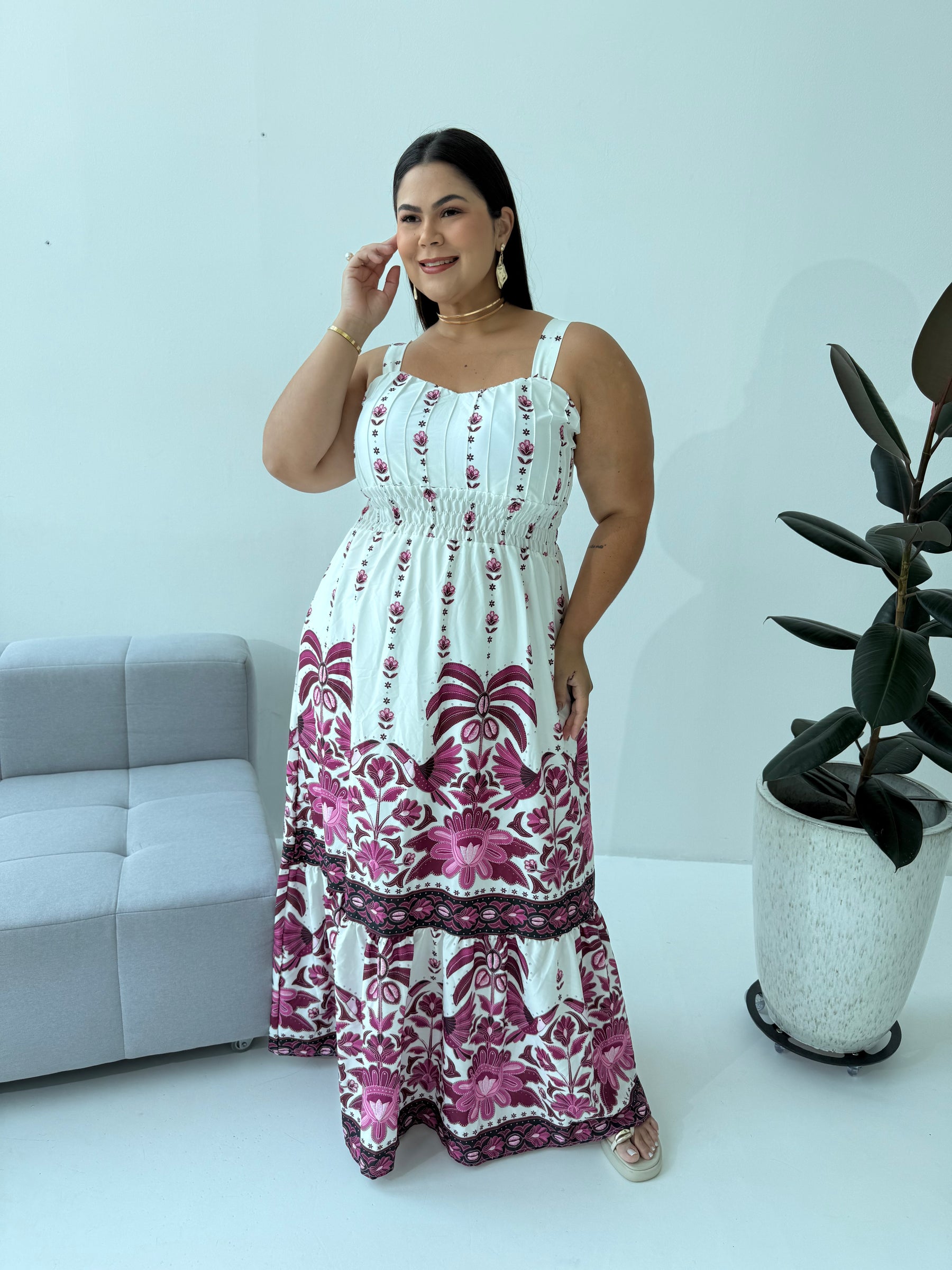 Vestido Feminino Crepe de Seda Rosa com Elástico nas Costas – Tayla Sandra Fashion