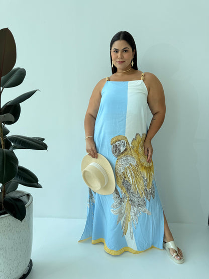 Vestido Santorine Azul com Branco – Elegância Mediterrânea e Leveza Atemporal